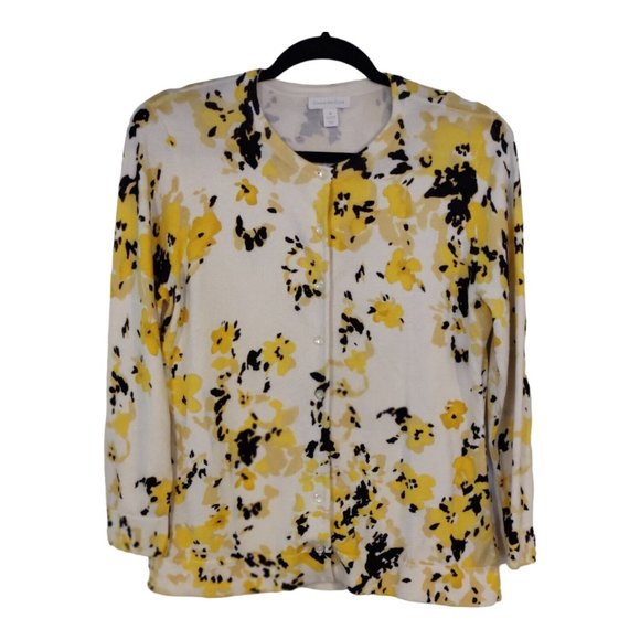 Charter Club Cardigan Sweater Black/yellow Floral Women's Large waist length - Picture 3 of 12